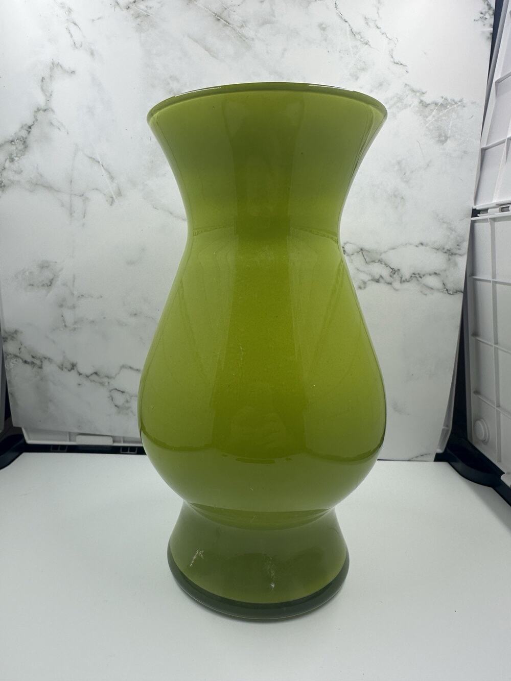 Mid Century Lime Green Avocado Green Glass Vase - Hourglass Shape 8.5” Tall